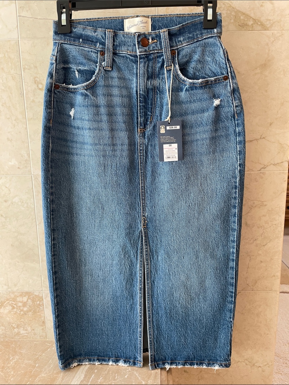 Universal Thread Medium Blue Distressed Denim Midi Skirt, NWT